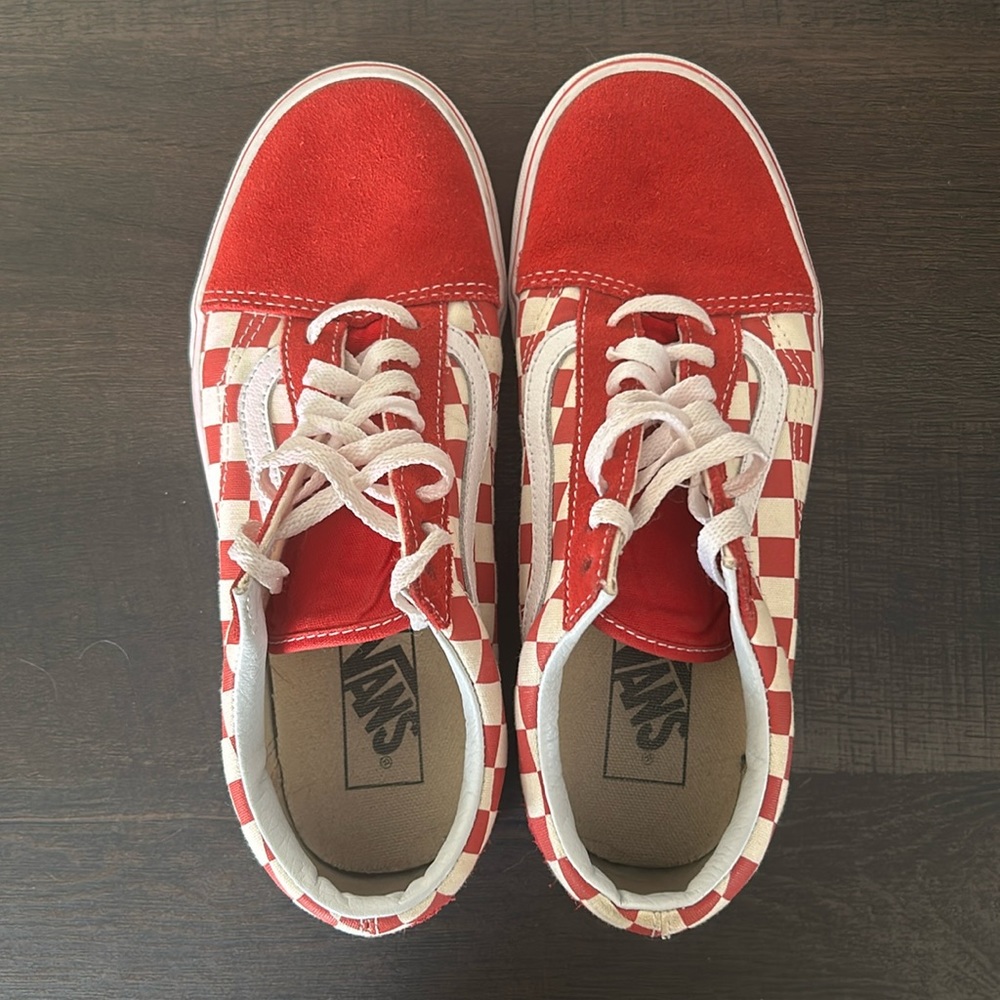 red suede and checkered Vans